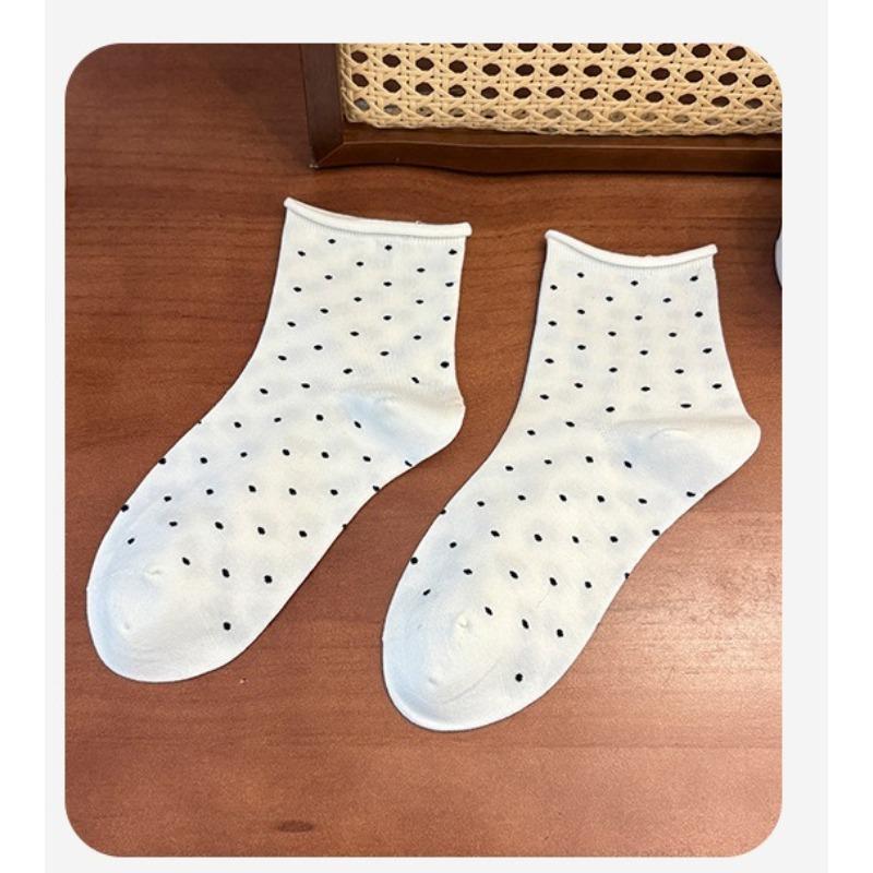 Rolled-edge Polka Dot Summer Women's Thin Breathable Mid-calf Socks, Anti-torn, Bone-free Socks