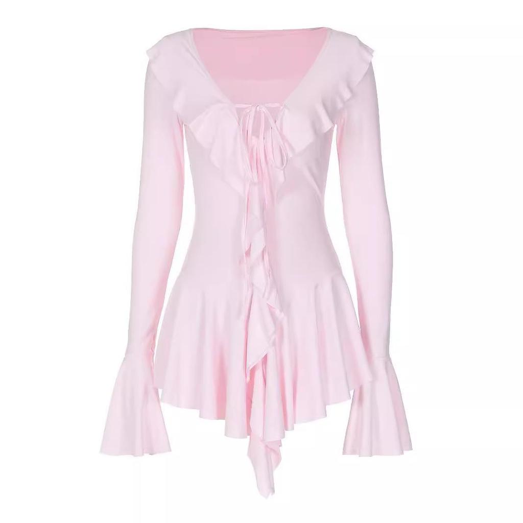 2024 Autumn Elegant Slim Fit Ruffle Flare Sleeve Tie Dress for Women