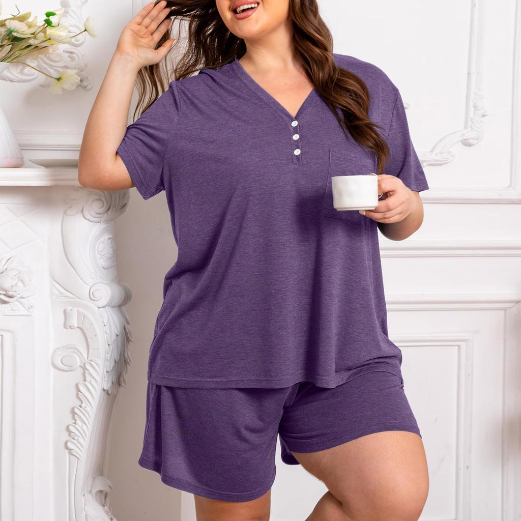 Plus Size Women's Two Piece Lounge Set Short Sleeve V Neck Top with Button Detail Elastic Waist Shorts Casual Sleepwear Set