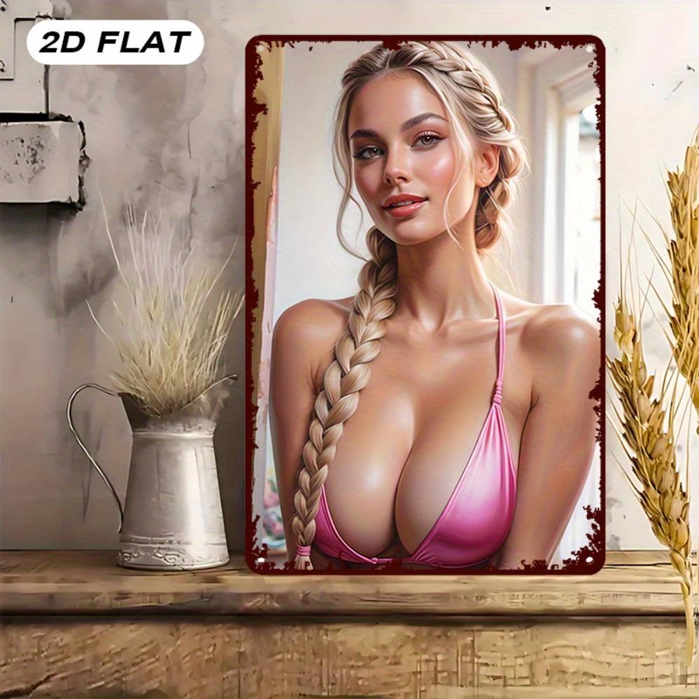 Vintage Metal Tin Sign Women Bikini Illustration Art 8x12 Inch Pre-Drilled Easy Hanging Decor for Kitchen Bar Outdoor Room Corri