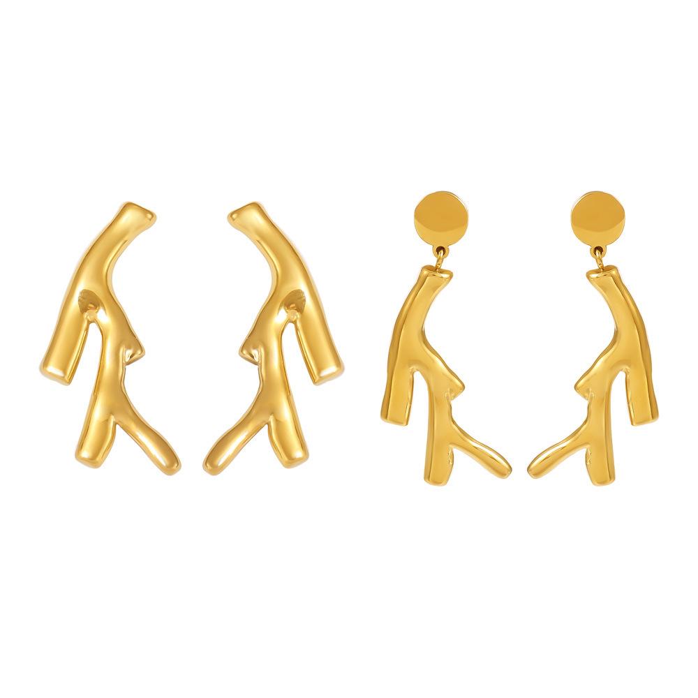 Qiong Yao Gold-Plated Irregular Tree Branch Dangle Earrings, Stainless Steel Studs, Colorfast Design