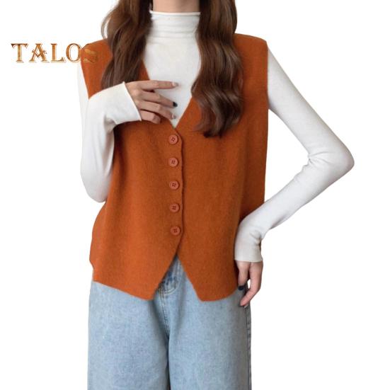 Jesień Zima Damska Kamizelka Dekolt w Serek Zapinana Na Guziki Jednolity Kolor Luźna Dzianina Gruba Utrzymuje Ciepło Bez Rękawów Luźny Sweter Top