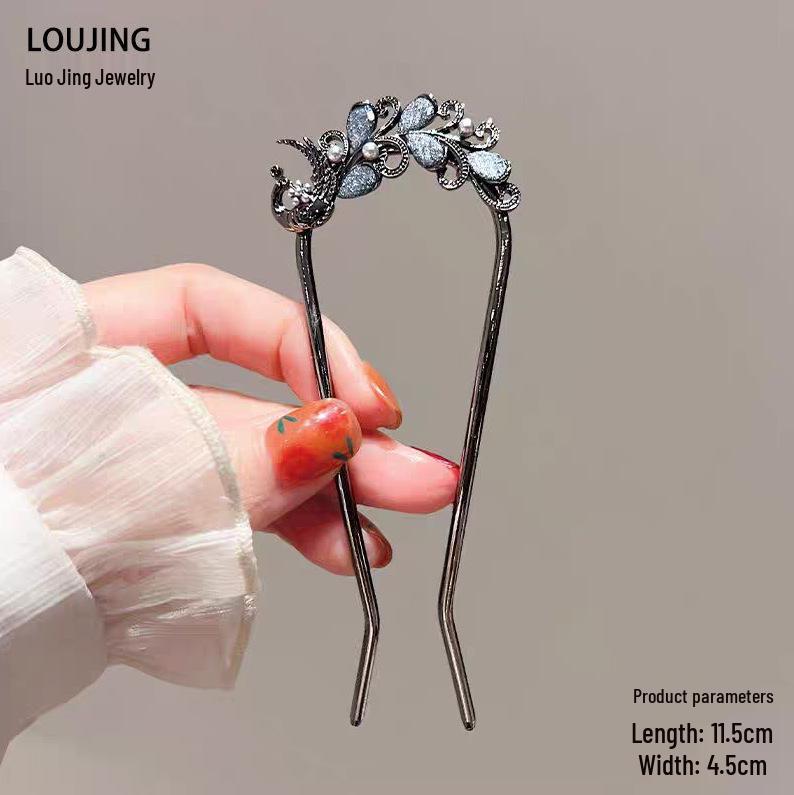 Épingle à cheveux vintage en forme de U avec pompon paon pour femmes - Épingle à chignon nacrée pour Cheongsam et Hanfu