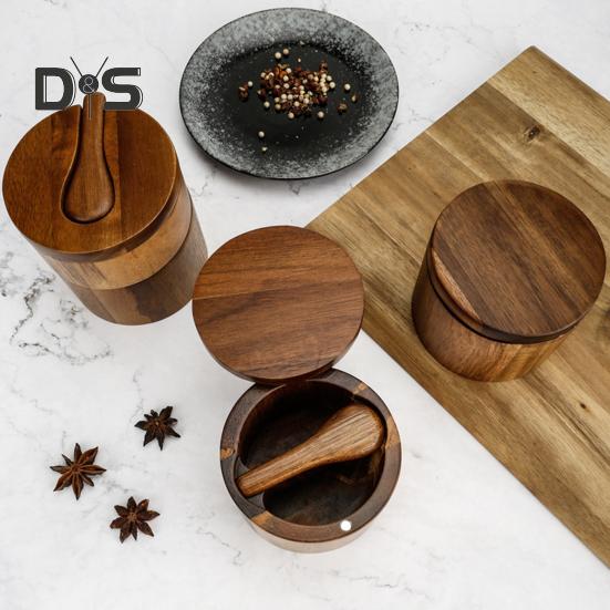 2-Layer Salt And Pepper Bowl with Spoon Magnetic Swivel Lid Dustproof Seasoning Box Rotatable Design Kitchen Helper for Serving