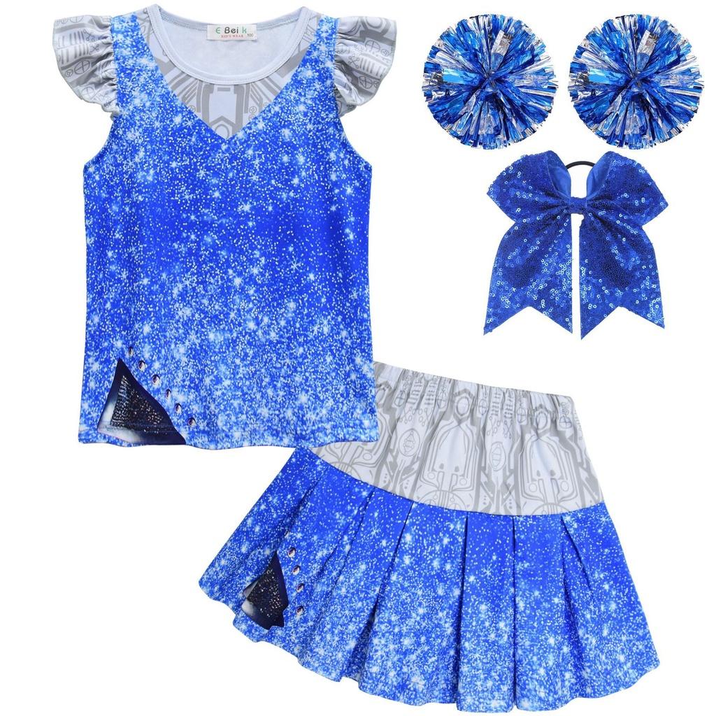 

Kids 3 Zombies Cheerleader Cosplay Costume Girls Dress Halloween Outfit Gift Blue,140