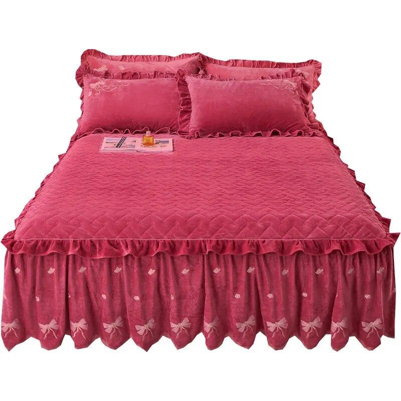 

Стеганые покрывала с вышивкой и бантом для кровати, флисовые однотонные супермягкие бархатные покрывала для двуспальной кровати Queen, юбка с рюшами, 2 наволочки 150x200cm 59x79inch