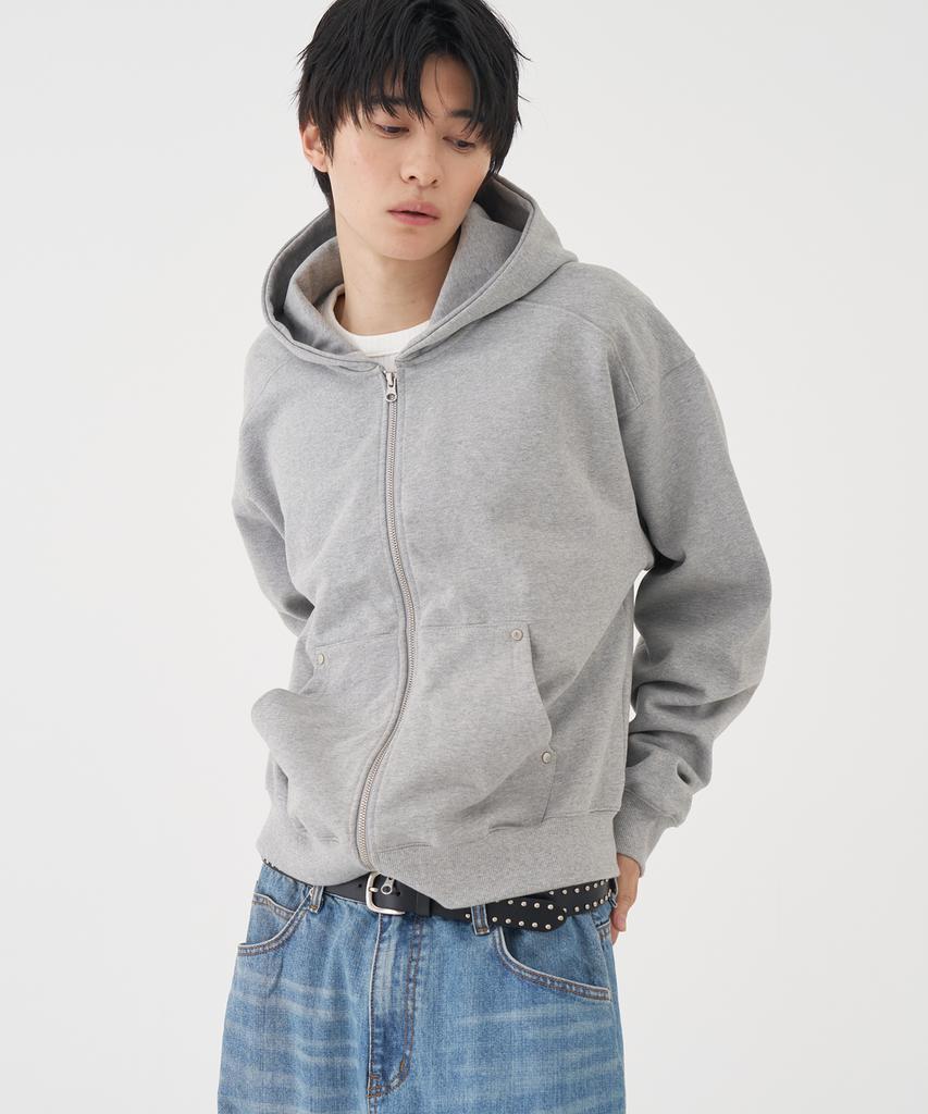 Basemoment Rivet Crop Zip-Up Hoodie (Heavyweight) Melange Grey