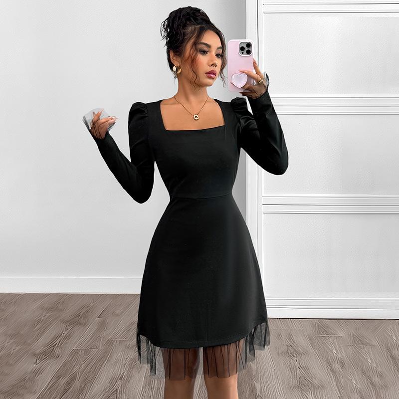 Women‘s Square Neck Puff Long Sleeve Mini Dress – Mesh Splicing High Waist A-Line Dress