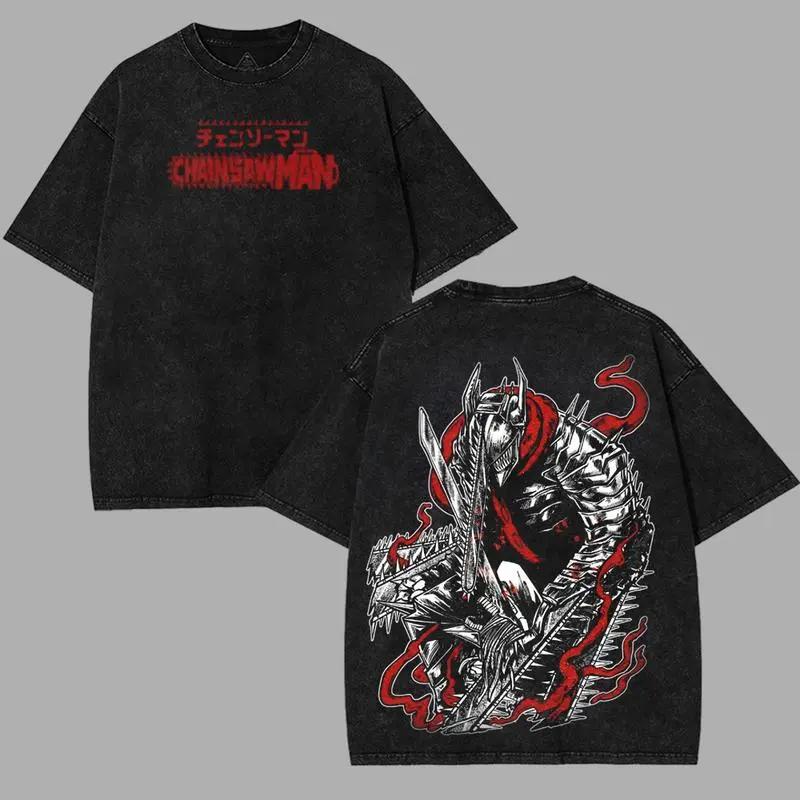 Hot Anime Chainsaw Man Denji Pochita Print T-shirt Men Tshirts Short Sleeve Cotton Clothing Retro Washed T Shirt Harajuku Tops