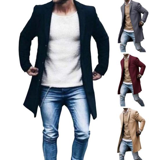 Męska kurtka wiatrówka z klapami, długi rękaw, jednorzędowa, ciepła, z kieszeniami, jednokolorowa, średniej długości kurtka-płaszcz