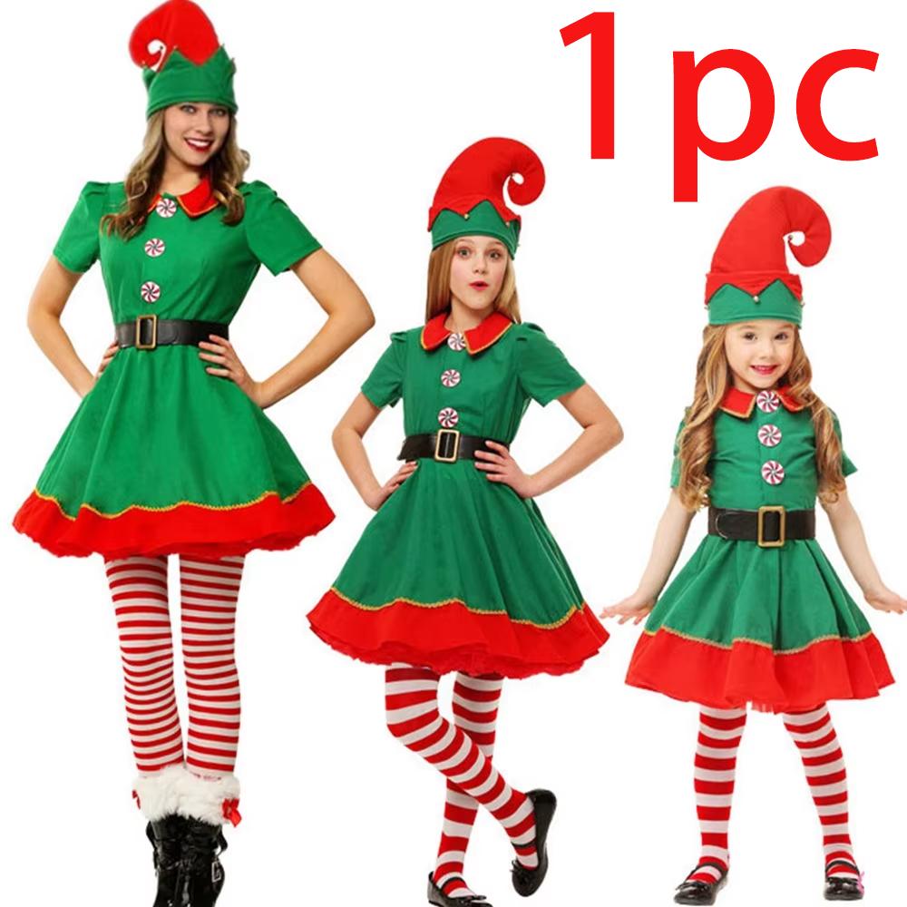 Costume de Père Noël de Noël Elfe Vert Cosplay Carnaval Familial Fête Halloween Déguisement Ensemble de Vêtements Pour Hommes Femmes Filles Garçons 170cm red