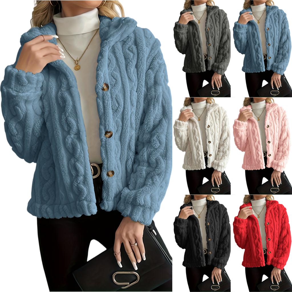 Women's Fashion Solid Color Collar Button Long Sleeve Plush Warm Women's Jacket Coat