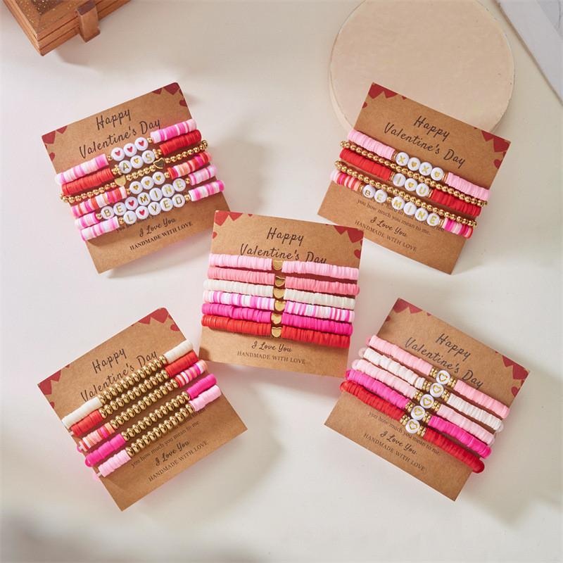 Love Heart Soft Clay Bracelets Set For Women With Pink Acrylic Letter Beads Hand Jewelry Gift
