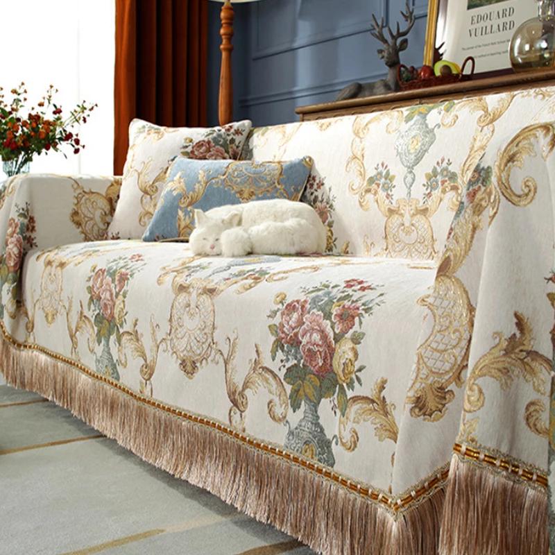 European Jacquard Sofa Cover Tassel Lace Edge Couch Cover Protector Anti-Slip Sofa Cover Chenille Anti Cat Scratch Sofa Cushion