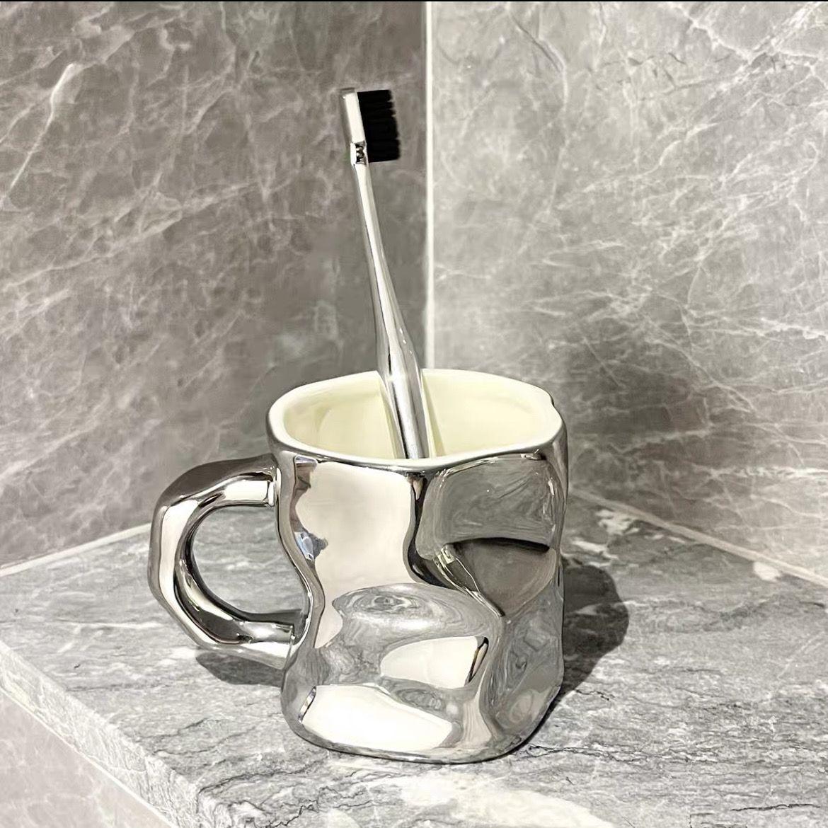 

High-grade Ceramic Toothbrush Cup Couple Set Electric Silver Wash Cup with Glass Tray Rabbit Decoration Bathroom Accessories New