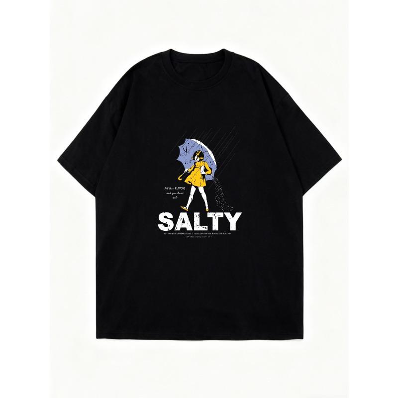Oversized T-Shirt Black Salty Girl With Umbrella And Text Print Casual Streetwear For Women