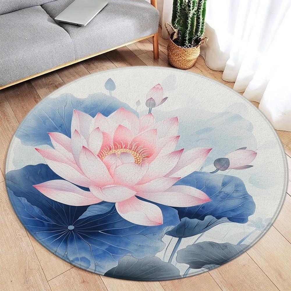 Lotus Flower Koi Cherry Blossom Chinese Style Round Carpet Peacock Butterfly Circular Floor Mat Living Room Bedroom Decor Rugs