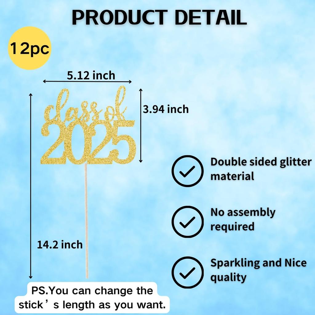 ALISSAR 12 Pack Pre-assembled Double Sided Class of 2025 Graduation Party Centerpiece Sticks, Centerpiece Table Decorations for 2025 Graduation Party