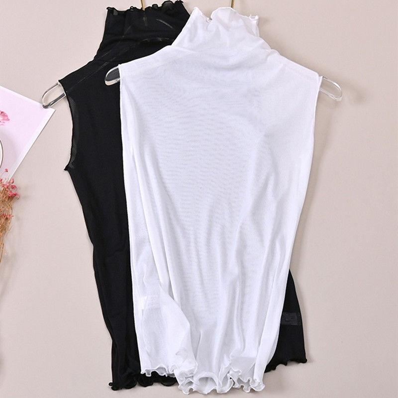 Summer Lace Blouse with High Neckline and Mesh Sleeveless Inner Lining Sexy Women's Top