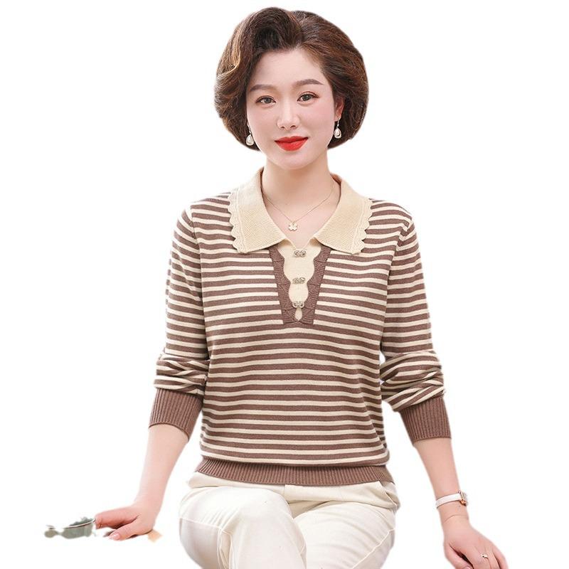 Módní pruhovaný pletený svetr pro ženy středního a staršího věku s klopovým límcem, jaro/podzim 2025