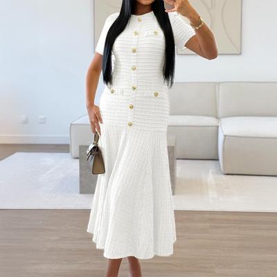 LYRIA Slimming Knitted Dress Hollow Out Short Sleeve Lace Trim Waist Cinched Long Fashionable Sweater Dress