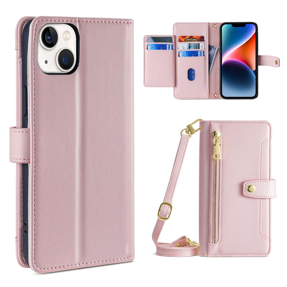 

For iPhone 15 Plus Zipper Pocket Wallet Case PU Leather Stand Card Slots Phone Cover with Wrist Strap and Shoulder Strap Pink