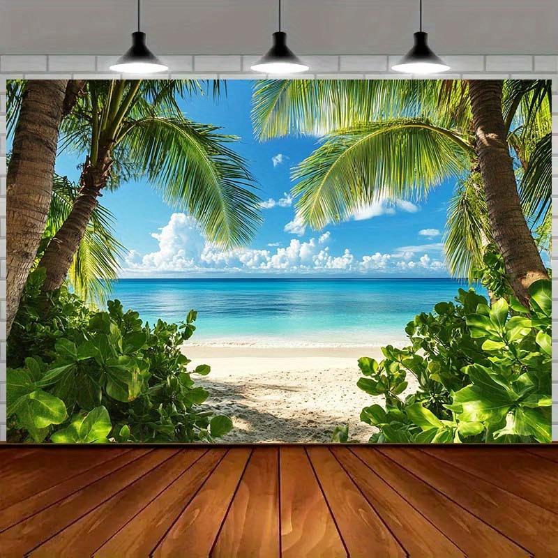 A photography background cloth showcasing the tropical beach scenery is suitable for a summer-themed party banner