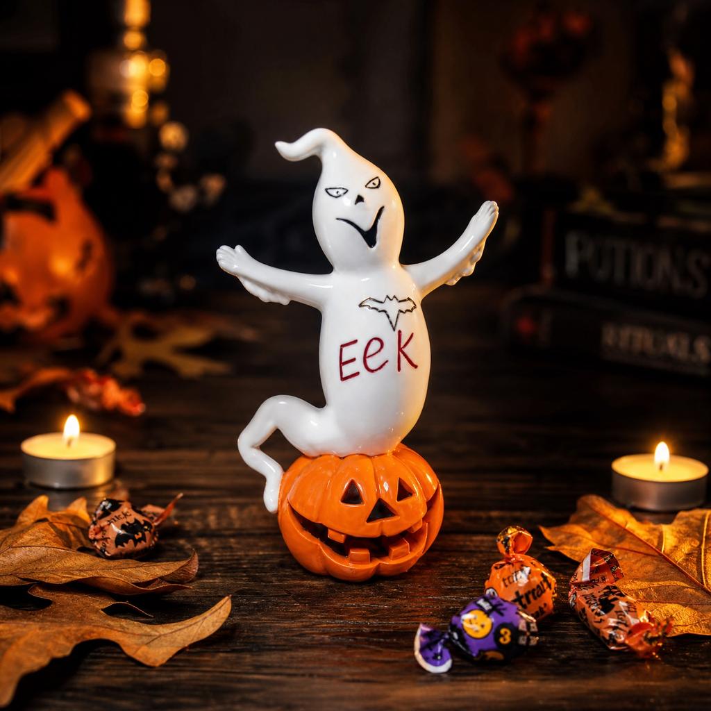 Halloween Ghost Figurine Standing On Pumpkin Decorative Statue Indoor Outdoor Seasonal Home Ornament for Halloween Party Display