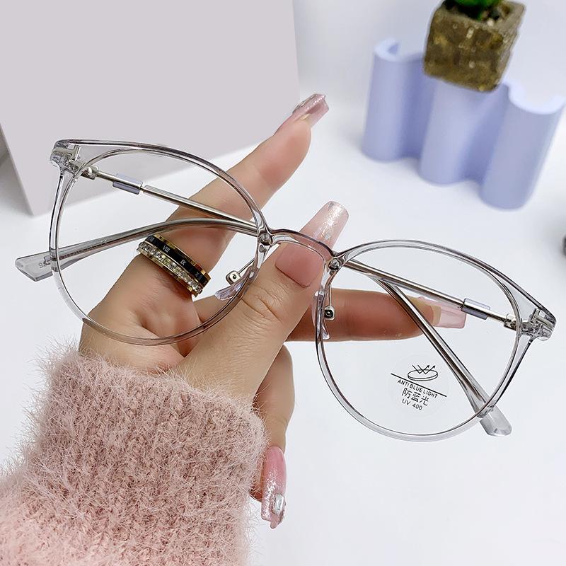 Korean Style Anti-Blue Light Round Frame Glasses for Women - Non-Prescription, Compatible with Myopia Lenses