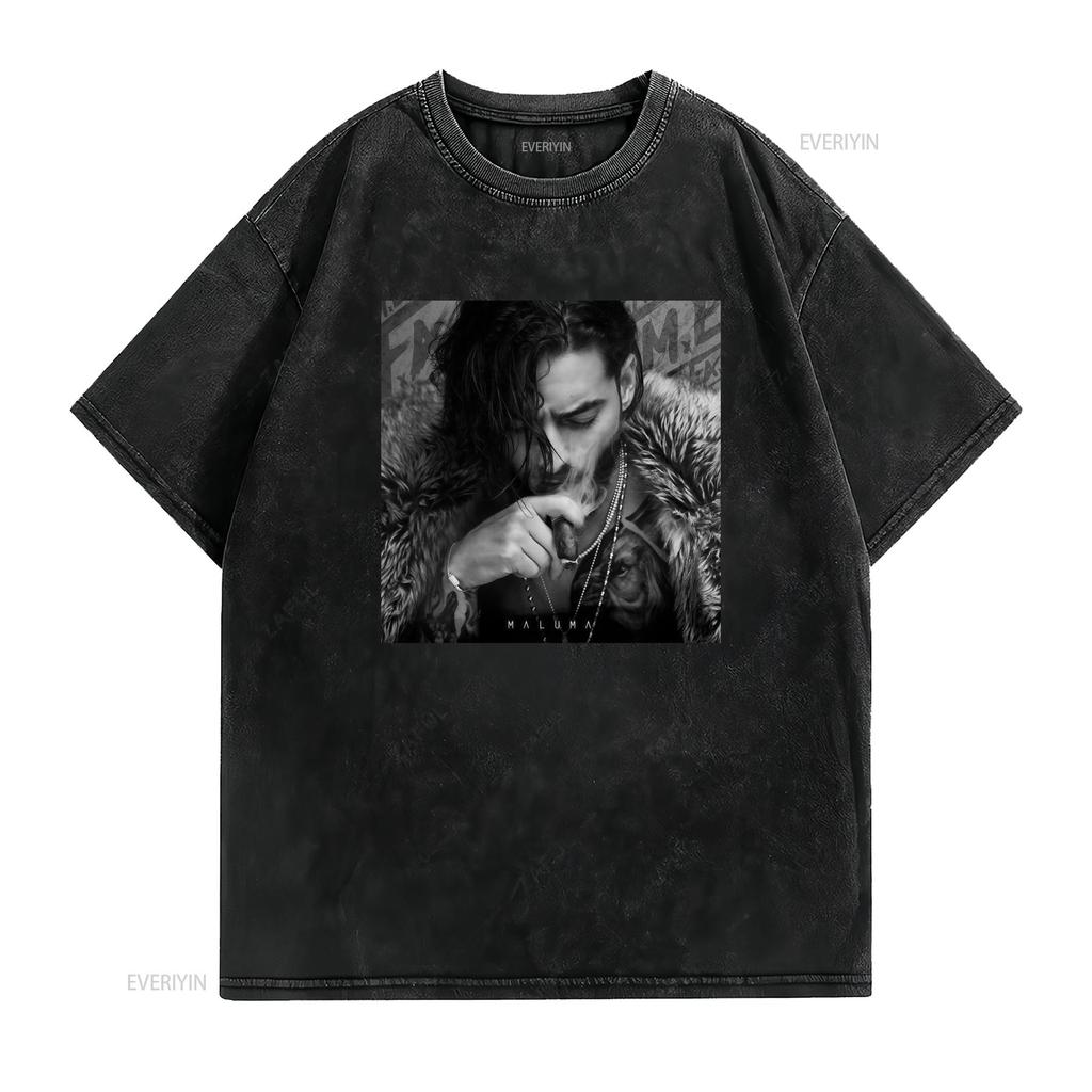 Vintage Streetwear Maluma Rapper Porträt Schwarz Weiß Druck Cool Lässig T-Shirt Vintage Gewaschen Weich Streetwear Atmungsaktiv