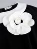 Elegant Women Black White Colorblock Bodycon Dress O Neck 3D Flower Peplum Draped Church Work Party Formal Occasions 2026 New