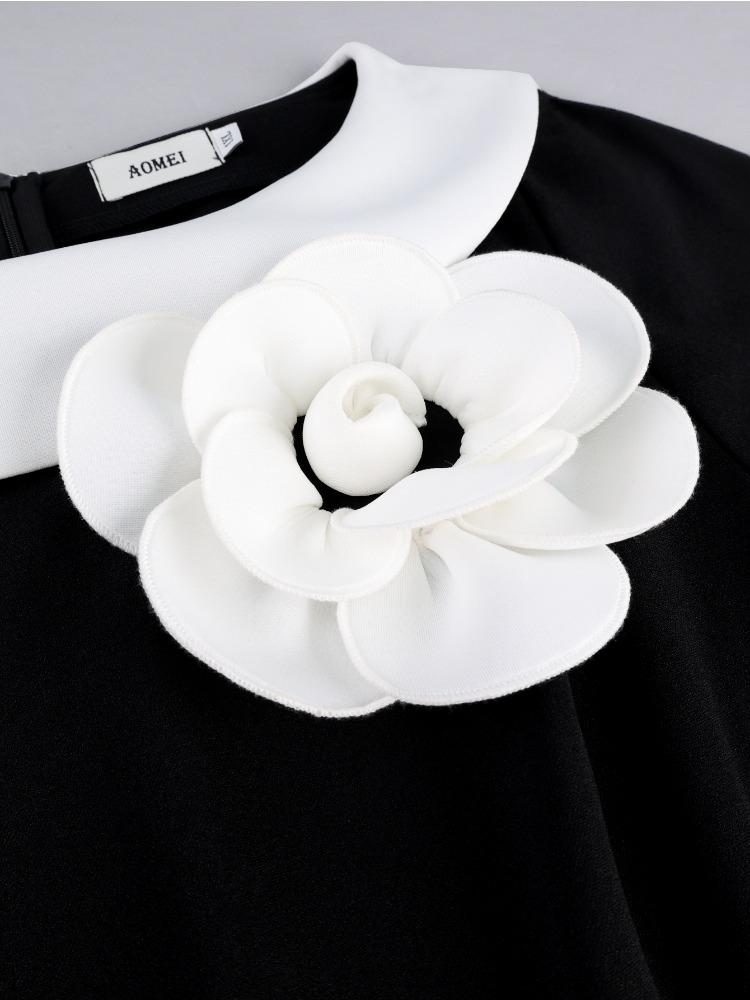 Elegant Women Black White Colorblock Bodycon Dress O Neck 3D Flower Peplum Draped Church Work Party Formal Occasions 2026 New