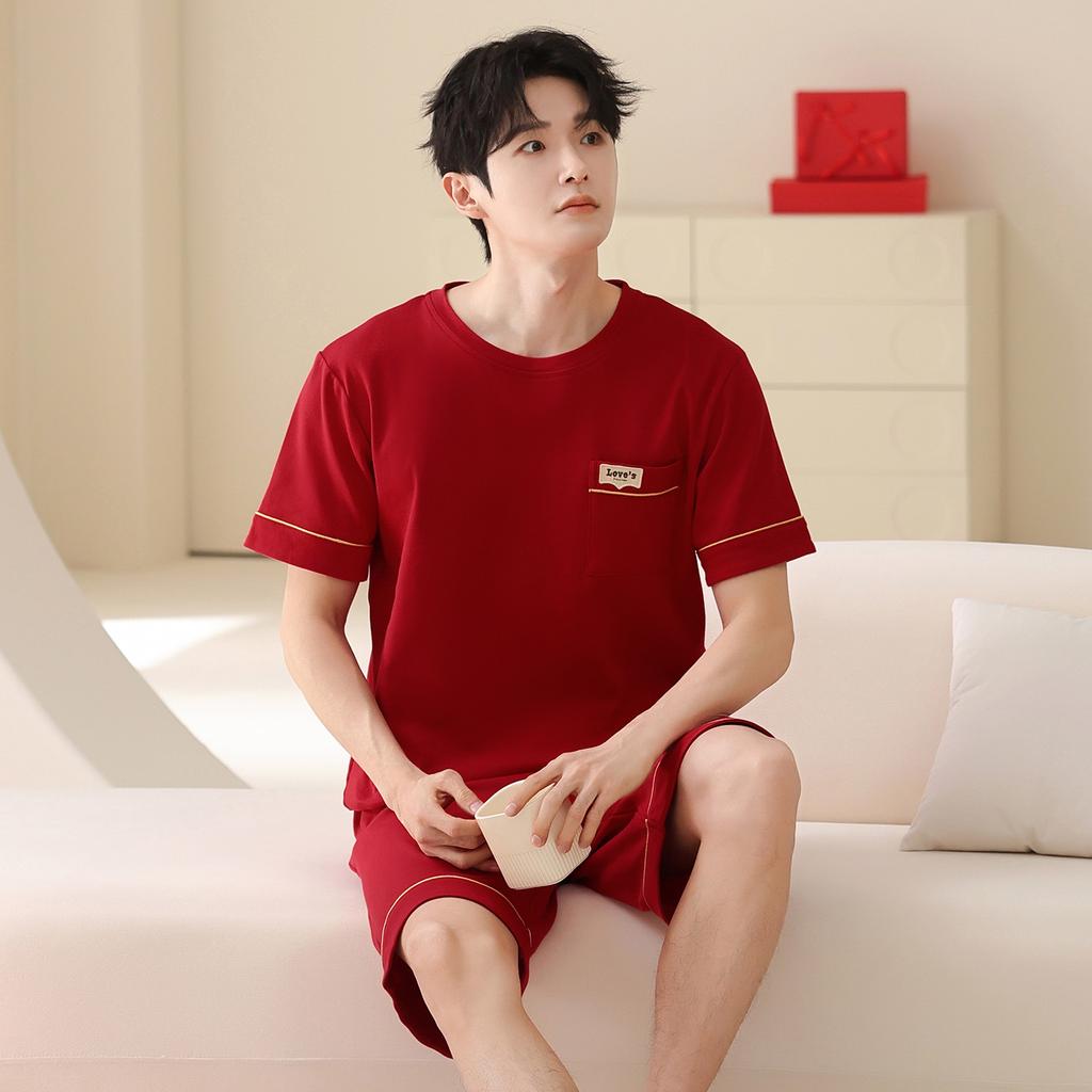 Red Nightdress Couple Summer Wedding Suit Pure Cotton Short-sleeved Men's and Women's Natal Year Cute Thin Wedding Loungewear