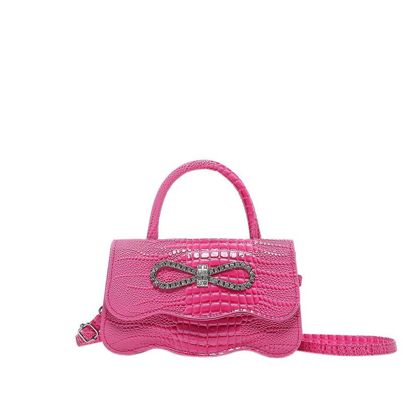 Crocodile Pattern Women'S Bag With Diamond Bow Retro Solid Color Casual Shoulder Crossbody Portable Small Square Bag Tide
