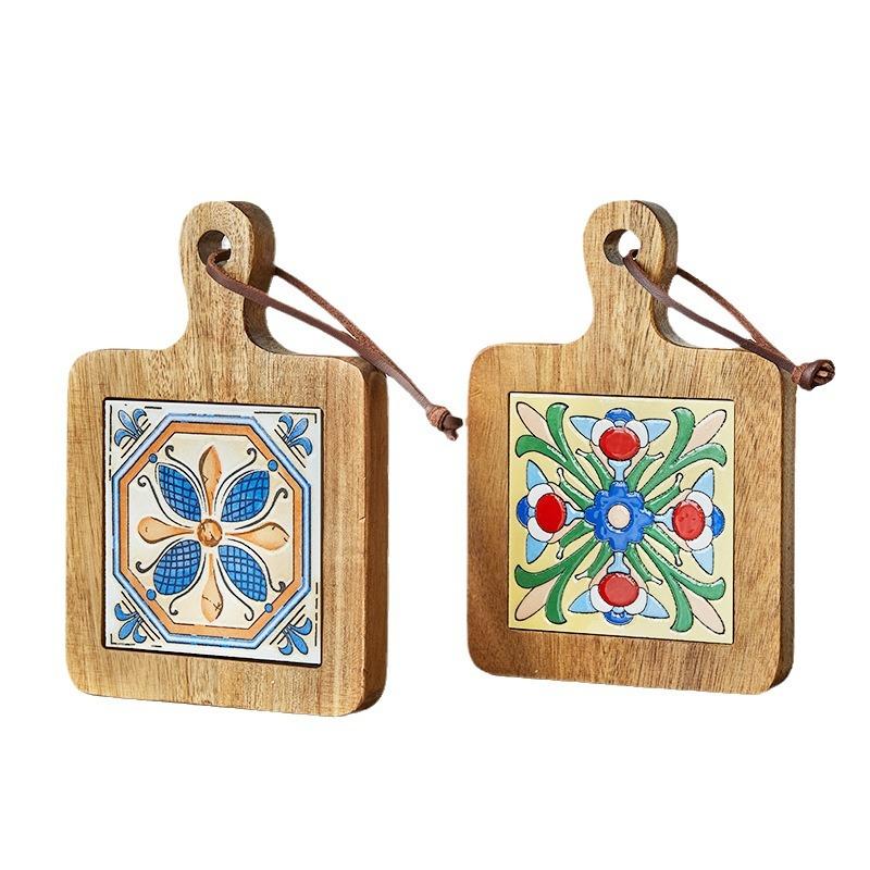 Wood and Ceramic Cutting Board Colorful Tile Trivet Mediterranean Appetizer Board Handmade Kitchen Decor