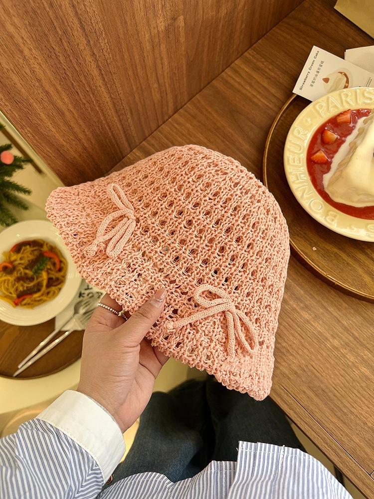 Bow Fisherman Hat Children's Summer New Knitted Mesh Bucket Hat Straw Woven Breathable Basin Hat