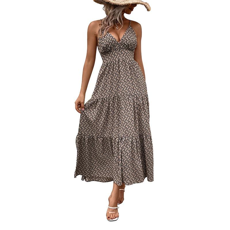 Summer seaside vacation dress fashion geometric print suspender dress