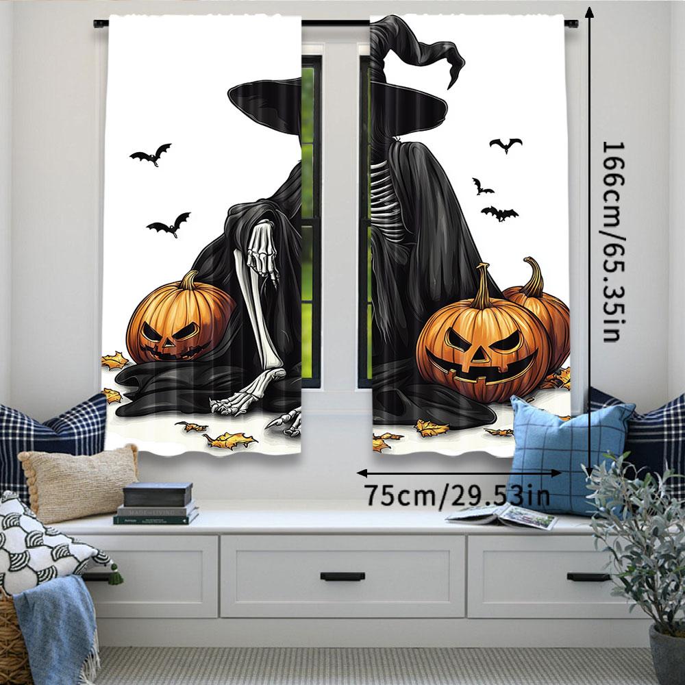 Set Of 2 Horror Halloween Witch Skeleton Curtain Evil Bat Pumpkin Decoration Window Drapes Party Home Office Classroom Curtains Made Polyester