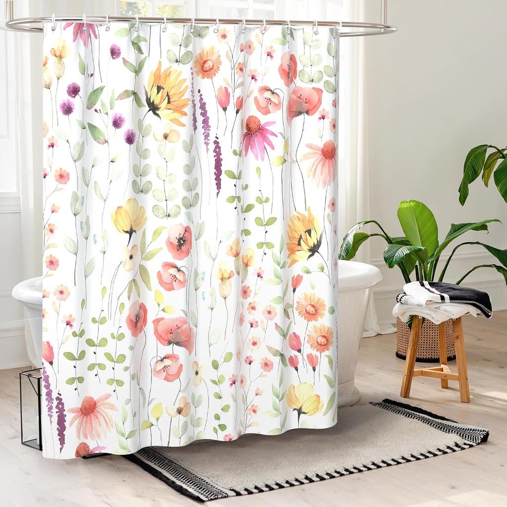 Watercolor Floral Shower Curtain, Flowers Print Spring Bathroom Curtain, Wildflowers Home Décor Machine Washable Bath Curtain