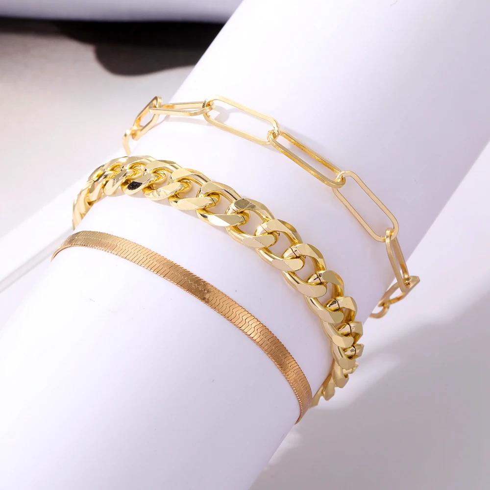3PCS Fashion Thick Chain Link Bracelets for Women Vintage Snake Chain Gold Color Silver Color Bangles Bracelets Set Punk Jewelry