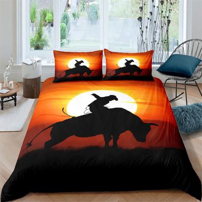 Western Cowboy Duvet Cover Rodeo Cowboy Riding Bull Horse Bedding Set Full For Boys Teen Microfiber Farmhouse Style Quilt Cover
