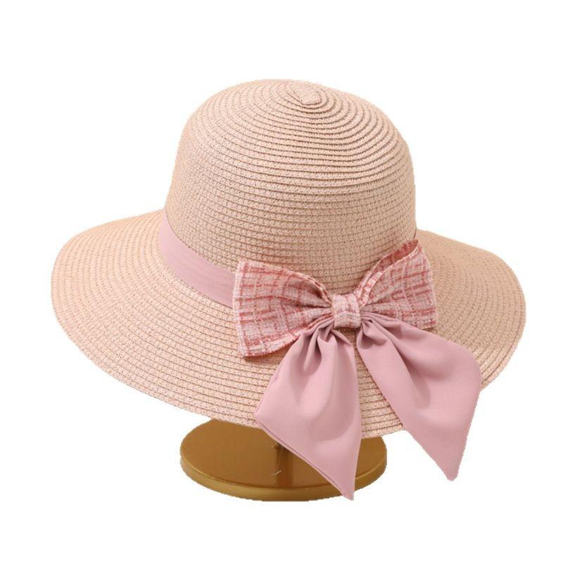 Straw Hat Women's Summer Plaid Beach Hat Sunscreen Vacation Visor Bow Bucket Hat Sun Hats Basin Hats
