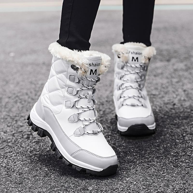 PU-Leder Wasserdichte Schneestiefel Damen Plüsch Baumwollschuhe Warm Winter Wandersneaker Rutschfeste Freizeitschuhe
