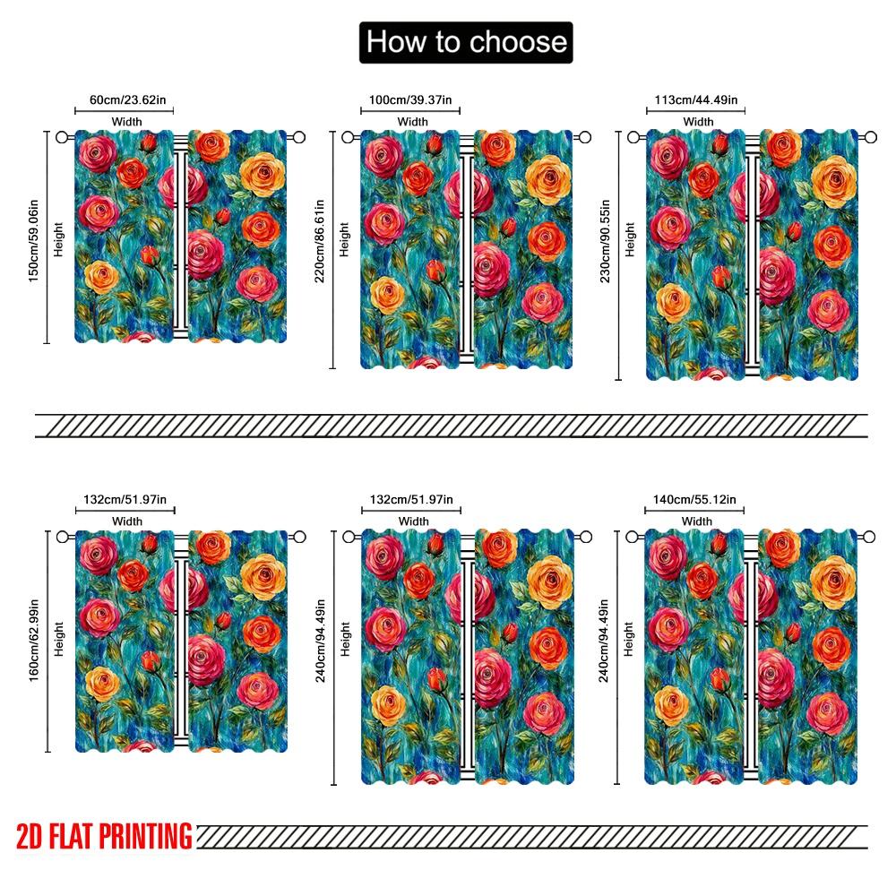 2D flat printing 2pcs Curtain Window Treatment Curtains Vibrant Roses on Blue Digital Printed Polyester Drapes Festive Curtains