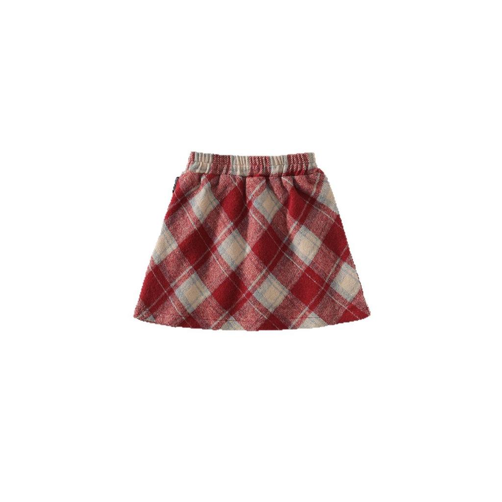 Girls' Woolen Skirt Autumn New Korean Style Red Vintage Plaid A-line Skirt for Young Children