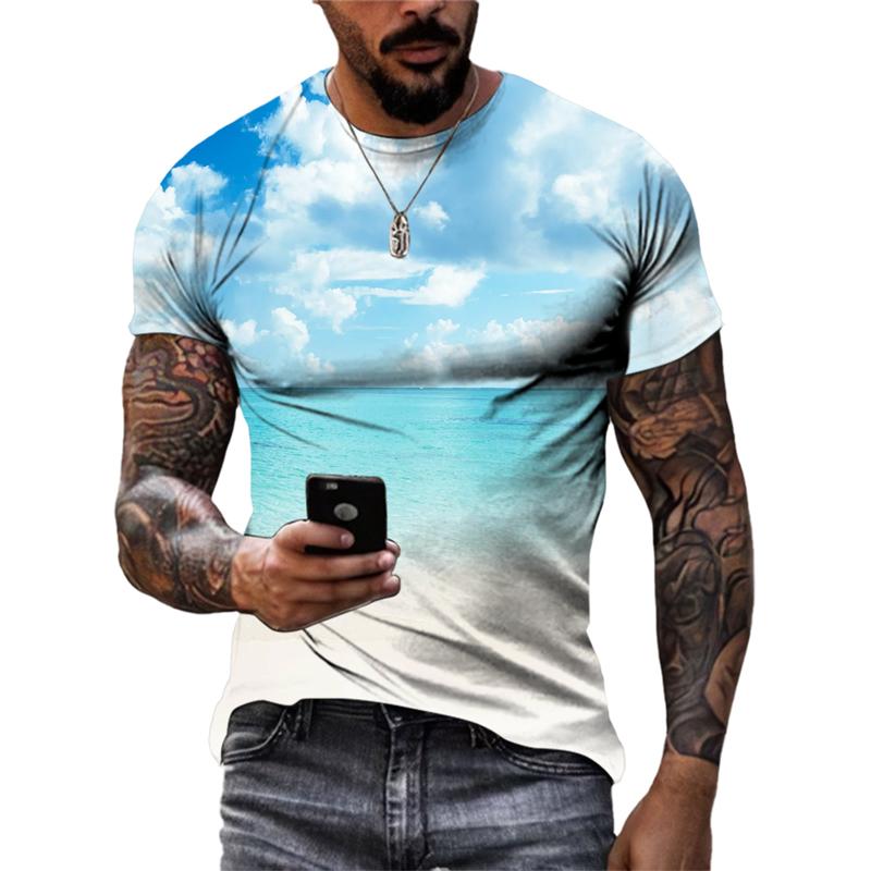 Sommersollys Havbølge Sand Casual Stil grafiske t-skjorter Mote Nye Menn Fritid Trykket Rund Hals Kortermet T-skjorter Topper