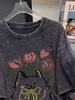 Women's Retro Distressed Washed T-shirt - American Trendy Brand, Summer 2026 Edition, Short Sleeve, Pure Cotton, Loose Fit.