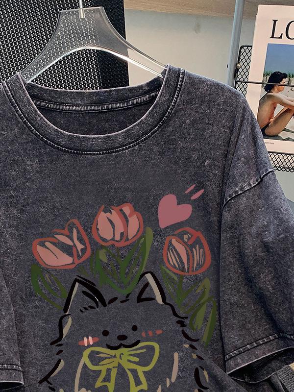Women's Retro Distressed Washed T-shirt - American Trendy Brand, Summer 2026 Edition, Short Sleeve, Pure Cotton, Loose Fit.