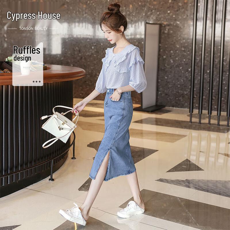 Женская полосатая блузка с рюшами, пэчворком и круглым вырезом L