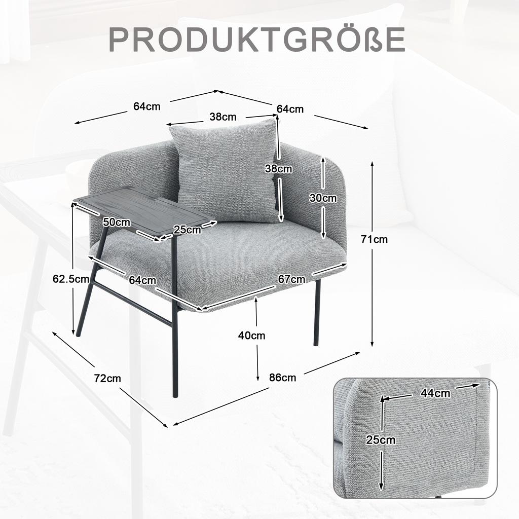 Modern single armchair with comfortable fabric backrest and two storage compartments, complemented by a practical side table.